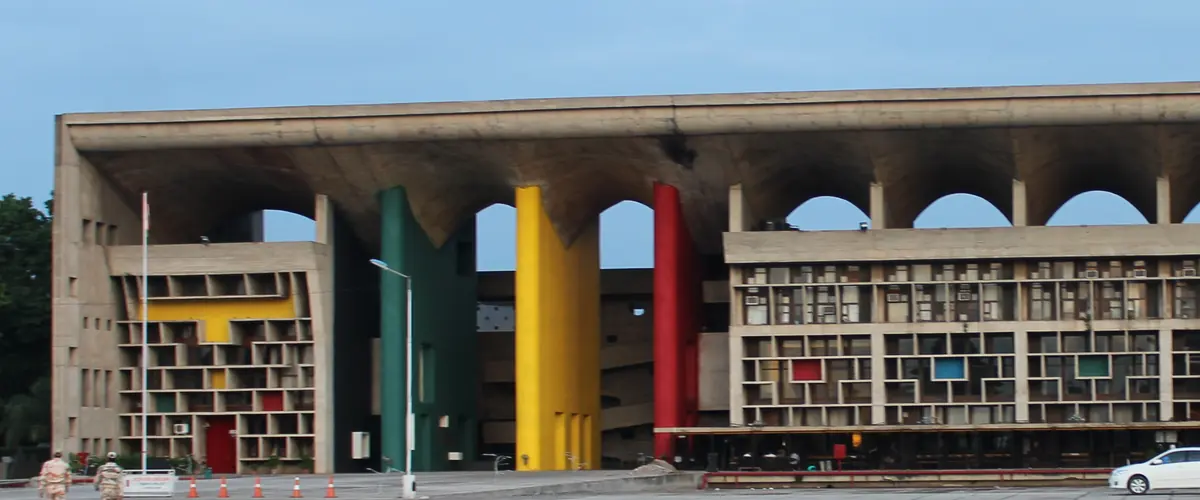 The entrance of the Punjab and Haryana High Court, with its green, yellow and red pylons